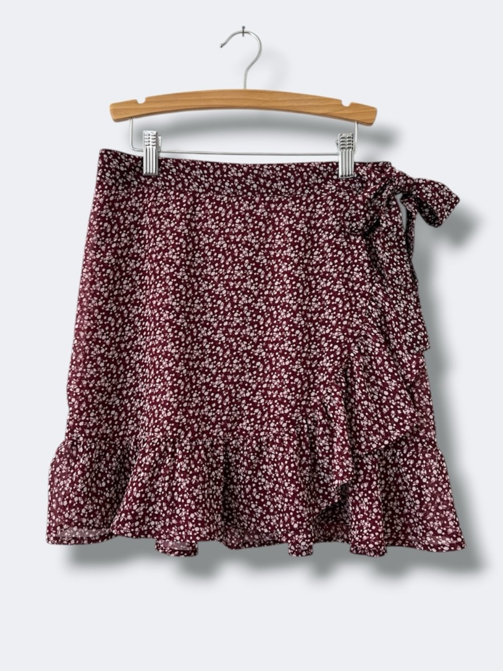Hollister Mini Skirt Women Small Burgundy Floral Wrap Tie Ruffle-Hem